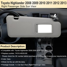 NHILES Right Passenger Side Sun Visor Compatible with Toyota Highlander 2008 2009 2010 2011 2012 2013 Replaces# 74320-0E050-B0 Color Gray