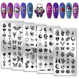 PH PandaHall 5pcs Skull Nail Stamping Plates Gothic Styles Nails Art Stencils Moon Star Manicure Art Stencils Butterfly Flower Print Nail Stencils for Women Manicure Designs 12 x 6 cm