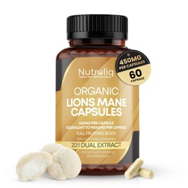 Nutroliq Organic Lions Mane Capsules - 20:1 Dual Extract - (20:1 Extract Equiv. to 9000mg per 450mg per Capsule)