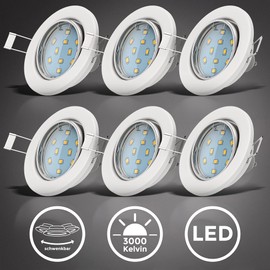 B.K.Licht - 6er Set LED Einbaustrahler 230V schwenkbar, warmweiße Lichtfarbe, Lochdurchmesser 68mm, LED Spot, Deckenspots, LED Spots, Einbauleuchten, Einbauspots LED, Deckenstrahler, 86x70 mm, Weiß