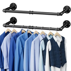 Wall Mounted Clothes Rack 36.4 Inch, 2 Pack Industrial Pipe Clothing Rack, Black Wall Clothing Rack, Multi-Purpose Clothing Hanging Rod for Closet