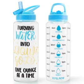 Home Tune 32oz Motivational Water Bottle with Straw & Time Marker, BPA FREE, Dustproof Flip Straw, Leak Proof, Easy Clean (Liquid Gold)