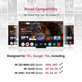 Universal Google TCL Remote Replacement Control Compatible with TCL Google 4K UHD HDR LED QLED QD-Mini LED Full-HD Smart TVs for QM8/QM7/S5/S4/S3/Q7/Q6/Q5 Series, No Pairing Required