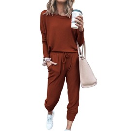 PRETTYGARDEN Women's 2024 Fall Two Piece Outfit Long Sleeve Crewneck Pullover Tops and Long Pants Tracksuit, Brick Red, Large