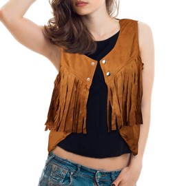 Luter Soft Cowgirl Sleeveless Cropped Fringe Jacket Brown Tassel Suede Vest Hippie 70s Vest for Women (XXL)