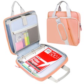 SIYNPAV 3 Ring Zipper Binder Bag 2 Inch with Shoulder Strap, Waterproof Nylon Binder with Zipper for 500 Sheet Capacity, Multi-Pocket Portfolio Organizer Case for 13 Inch Laptop Middle School (Peach)