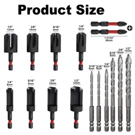 FROOOK Wood Plug Cutter Drill Bit Set 16-Piece, Straight and Tapered Cutting Tools，Includes Screwdriver Bits and Masonry Drill Bit Set, 1/4" Hex Shank for Woodworking with Storage Box