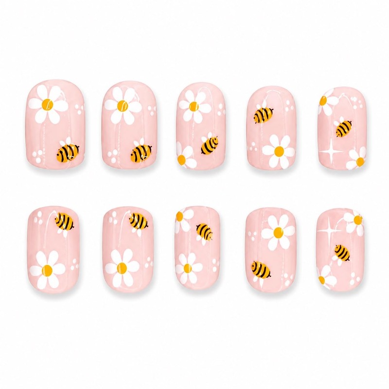 Bee Daisy Press on Nails Short Square - Soft Nude