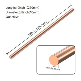 KWOKWEI 1PCS Pure Copper Round Rod, 3/8"(10mm) Dia Rod Solid Copper Bar, 10"(250mm) Length Bare Copper Metal Rod, Copper Rod Lathe Bar Stock for Metal Crafts