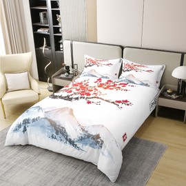 Cherry Blossom Duvet Cover 100% Washed Cotton for Girls Japanese Bedding Set Decorated with Red Flowers Japanese Ukiyoe Style Bedding Fuji 140 x 200 cm