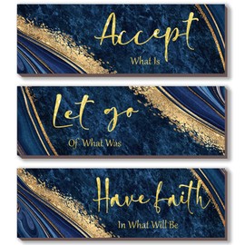 ONIZHITY 3 Pcs Blue and Gold Bathroom Wall Decor Large Navy Blue Gold Wall Decor Accept Let Go Have Faith Marble Style Versatile Home Art for Motivation Bedroom Living Room Office (Blue Gold 16x5