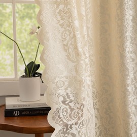 ALIGOGO Beige Kitchen Curtains for Bedroom, Vintage Sheer Floral Short Lace Curtains 45 Inch Length, Embroidered Rod Pocket Scalloped Edges Neutral Home Decor Aesthetic 2 Panels, 52 x 45 Inch