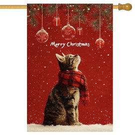 BlissYard Merry Christmas Garden Flag Tabby Cat Flags Red Scarf Ornaments Snow Scene 28 x 40 Inch Double Sided Large Yard Banners for Cat Lovers Porch Home Outdoor Winter Holiday Pet Decor