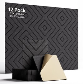 Woovio Sound Proof Foam Panels for Walls, 12 Pack Self-Adhesive Acoustic Panels, 12" X 12" X 0.4" Soundproof Wall Panels for Door, Ceiling, Home Office Black