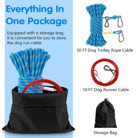 XiaZ 50FT Dog Tie Out Cable for Camping, Dog Trolley System Runner Cable with 10FT Dog Run Leash, Reflective Dog Lead for Yard, Camping, Park, Outdoor Events for Small to Large Dogs up to 350Lbs
