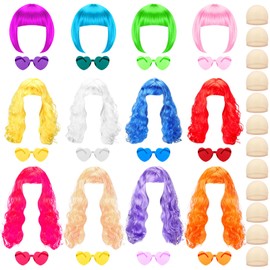 Fingertip WD 36 Pcs Colored Wig Set,12 Pcs Wigs and 12 Pcs Wig Cap Set, Party Wigs with 12 Pcs Heart Shape Sunglasses,Long Curly Wigs Long Wigs,Short Bob Hair Wigs for Bachelorette Neon Party Favors