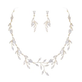 EVER FAITH Wedding Jewelry for Bride Bridesmaid, Bridal Sparkly Cubic Zirconia Pear-Shaped Birthstone Leaf Necklace Earrings Set for Women Clear Gold-Tone