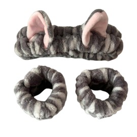 Set de Diadema y Pulseras para Baño de Gato, 1 Diadema Suave + 2 Bandas para Muñeca, Accesorios de Skin Care y Maquillaje, Perfectos para Lavarse la Cara y Mantener el Cabello Seco (banda gato, 3pzs)