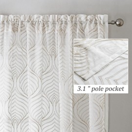 VISIONTEX Sheer Curtains 95 Inches Long 2 Panels Set, Taupe Moroccan Embroidery Texture Geometric Rod Pocket White Voile Tulle Semi Window Treatment Pair for Bedroom, W54 x L95