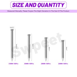 Swpeet 400Pcs 4 Sizes 26/28/ 30/ 35mm Silver Finishing Nails Assortment Kit, Hand-Drive Hardware Carbon Steel Nail Lost Head Nails for Picture Hanging, Wood, Frame, Plaster and Concrete Wall