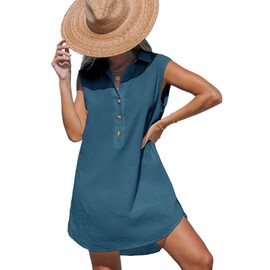 CUPSHE Women's Cotton Beach Dress Sleeveless Collared Bathing Suit Cover Up Summer Shirt Dress Blue, S