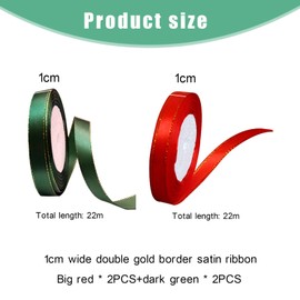 Pack of 4 22 m Satin Ribbon, 10 mm Wide Gift Ribbon, Red, Green, Decorative Ribbon, Red Ribbons, Bow, Gift, Birthday, Wedding Fabric, Red Gift Ribbons for Christening, Decoration, Gift Wrapping