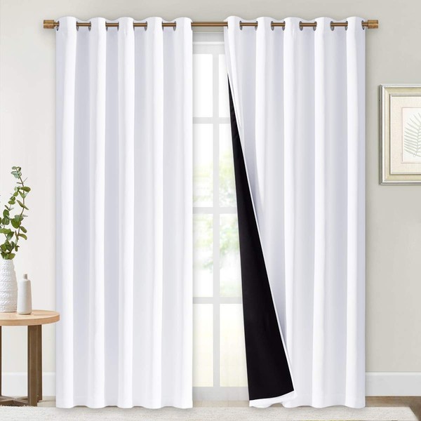 NICETOWN 100% Blackout Window Curtain Panels, Heat and Full Light Blocking Drapes with Black Liner for Nursery, 84 inches Drop Thermal Insulated Draperies (White, 2 Pieces, 70 inches Wide Each Panel)