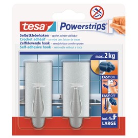 tesa UK Powerstrips Large Hooks with Removable Adhesive Strips Rectangle - Chrome, 2 Hooks