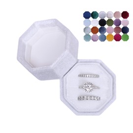 BLUTETE Velvet 3 Slots Jewelry Ring Box Engagement Wedding Box Keepsake Box Bridal Photo Ring Triple Slots Octagon (Pure White)