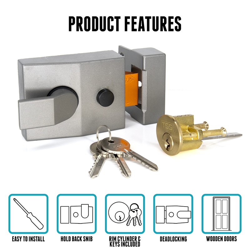 UK Security Supplies Standard Deadlocking Nightlatch, Dark Grey Silver Cylinder,