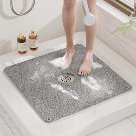 HITSLAM Shower Mat, 24x24 Inch Square Non Slip Bathtub Mat, Soft PVC Loofah Bath Mat for Tub with Hanging Holes, Quick Drying Shower Floor Mat, Without Suction Cups, Grey