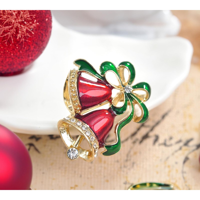 Gyn&Joy Painted Enamel Rhinestone Red Christmas Jingle Bells Brooch Pin