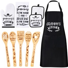Leyndo 10 Pcs Grammy Gifts Set Including Apron Tea Towel Tea Spoon Pot Holders Oven Mitt Bamboo Kitchen Cooking Spatula for Christmas Grammy Birthday Housewarming