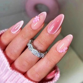 Cat Eye Press on Nails with 3D Flower Design, French Tips Manicure Art Acrylic Medium Almond Full Cover Fake Nails Stick on Nails Glossy Pink Cat Eye False Nails Gel Glue on Nails for Women Girl 24Pcs