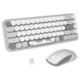 FOPETT Wireless Keyboard and Mouse Cute Mouse and Keyboard 2.4G Wireless Keyboards with Colorful 68 Keys Typewriter Retro Round Keycap for PC, Laptop,Tablet,Computer Windows - Grey Colorful