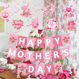 Mother's Day Decorations, Happy Mothers Day Banner Mothers Day Hanging Swirls Decorations Best Mom Ever Thanks Mom Mothers Day Feliz Dia Mama Party Fireplace Mantle Decorations Supplies