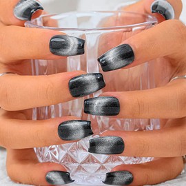 Sethexy French Black Medium Coffin Fake Nail Cat Eye Glitter Handmade False Nails Natural Glossy Press on Nail Salon Durable Quality Nails for Women and Girls 10PCS (I)