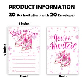 KPTQO 20 Ice Skating Birthday Invitations - Skate On Over - Pink Skates Fill In Birthday Invites With Envelopes For Girl Boy, Skating Party Favors And Supplies(4 X 6) -A10