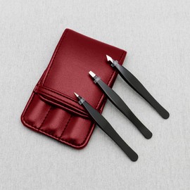 Professional Tweezers Set with Leather Case, 3 Piece Precision Tips, Burgundy Red