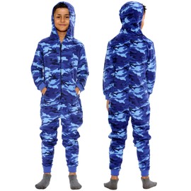 NOROZE Kids All-in-One Boys Camo & Aztec Dad-Son Men's Hooded Unisex Jumpsuit Onesie (9-10 Years, Camo Royal Blue)