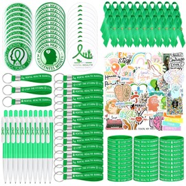 Watersay 326 Pcs Mental Health Awareness Items Include Ribbon Pins, Badge Brooches, Pens, Stickers, Rubber Wristbands, Rubber Key Chains for Awareness Gifts Supporting Minds (Green)
