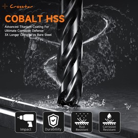 Crosstar M35 Cobalt Drill Bit Set for Hardened Metal & Stainless Steel - 21pcs Titanium Aluminum Nitride Coated (TiAlN), Three-Flute Design, 1/16"-1/2" Metal Drill Bits