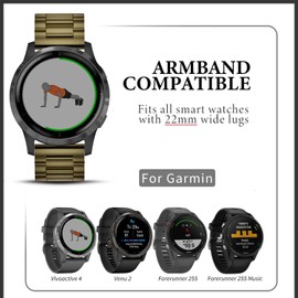 YABZOZ Metal Strap Compatible with Garmin Venu 2 / Venu 3 / Vivoactive 4 / Forerunner 255 / Forerunner 255 music 46mm Stainless Steel Classy Replacement Strap (Gold)