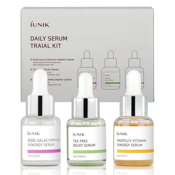 iUNIK Daily Serum Trial Kit (3x 0.51 fl.oz.) - Rose Galactomyces Synergy Serum, Tea Tree Relief Serum,Propolis Vitamin Synergy Serum, Great for Gifts, Trial, and Portability