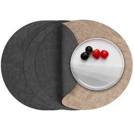 Myir JUN Round Placemats Dual Sided, Faux Leather Place Mats Set of 6 Indoor Placemats for Dining Table Outdoor Placemats Non-Slip Washable Table Mats (Gray Beige, Set of 6)