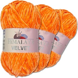 Himalaya Velvet 3 x 100 g Velvet Dolphin Wool, 40 Colours to Choose From, Chenille Knitting Yarn, Fluffy Wool, Shiny Accessory, Clothing, Blankets (90016 Pumpkin)