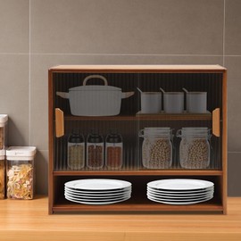 Small Bamboo Kitchen Pantry Sideboard, 3-Tier Storage Cabinet with Sliding Glass Doors, Modern Cupboard for Kitchen, Bathroom, Bedroom & Living Room, 33 lbs Capacity