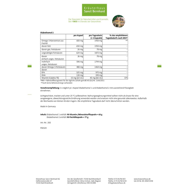 Sanct Bernhard Diabethomol with Vitamin C, E, Minerals, Zinc, Chromium,