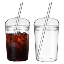 Glass Cups with Lids and Straws, 16oz Iced Coffee Cup, 2Pack Clear Glass Coffee Cups, Round Dome Glass Tumbler with Straw and Lid for Tea Juice Coffee Gift