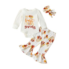 YINGISFITM My First Thanksgiving Baby Girl Outfit Newborn Turkey Onesie Romper Bell Bottoms Pants Fall Winter Clothes (First Thanksgiving, 0-3 Months)